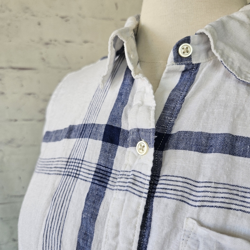 Gap Boyfriend Fit White Blue Plaid Linen Long Sleeve Button Up Shirt Medium - Picture 7 of 13